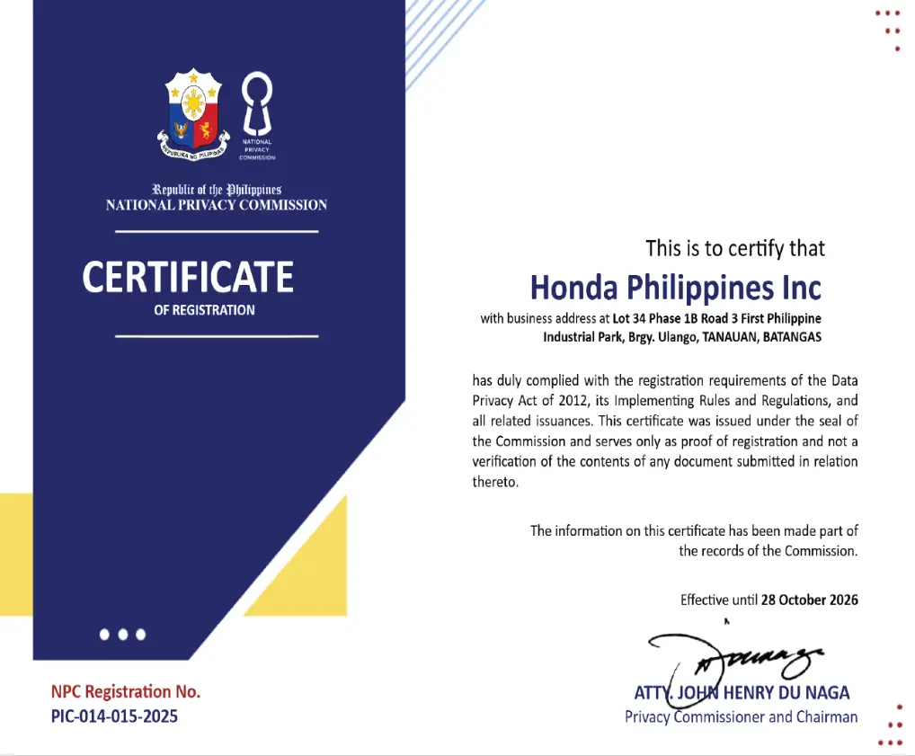 Honda Philippines Certificate of Registration